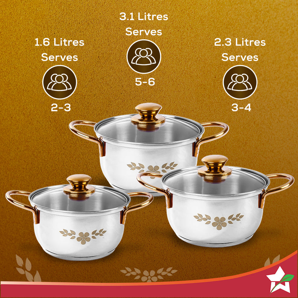 Wonderchef Renewed Gold Stanton Stainless Steel 3 piece Casserole Set with Glass Lid | Golden knobs and handles | Induction & Gas Stove friendly | Set of 3 (1.6L, 2.3L, 3.1L) | 1 Year Warranty