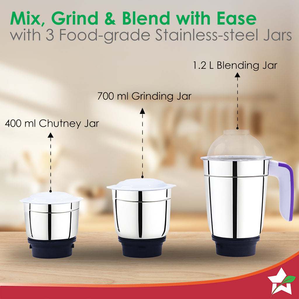 Roma Mixer Grinder | 500W Motor | 3 Jars for Blending, Wet & Dry Grinding | Stainless Steel Jars & Blades | Make Chutneys, Masalas, Batters and Much More | 2-Year Warranty | White & Blue