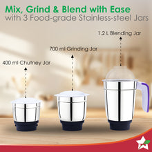 Load image into Gallery viewer, Roma Mixer Grinder | 500W Motor | 3 Jars for Blending, Wet &amp; Dry Grinding | Stainless Steel Jars &amp; Blades | Make Chutneys, Masalas, Batters and Much More | 2-Year Warranty | White &amp; Blue