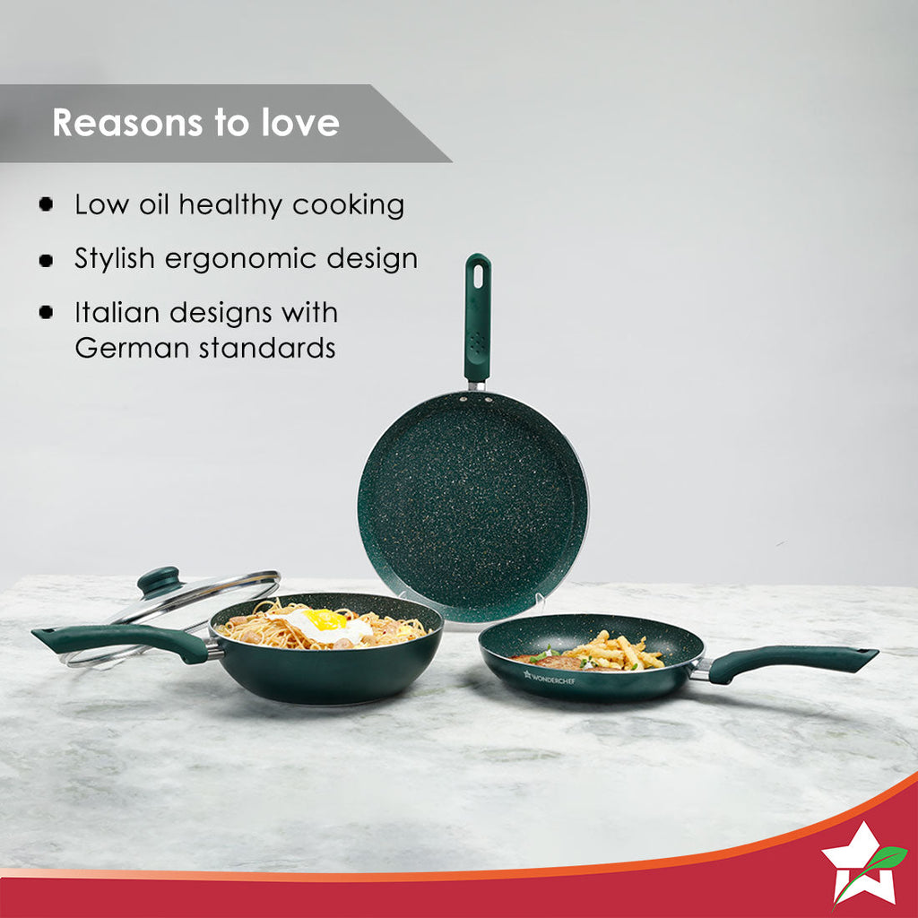 Royal Velvet Plus Non-stick Cookware Set, 4Pc (Wok with Lid, Fry Pan, Dosa Tawa), Induction Bottom, Soft Touch Handle, Pure Grade Aluminium, PFOA Free, 2 Years Warranty,  Olive Green