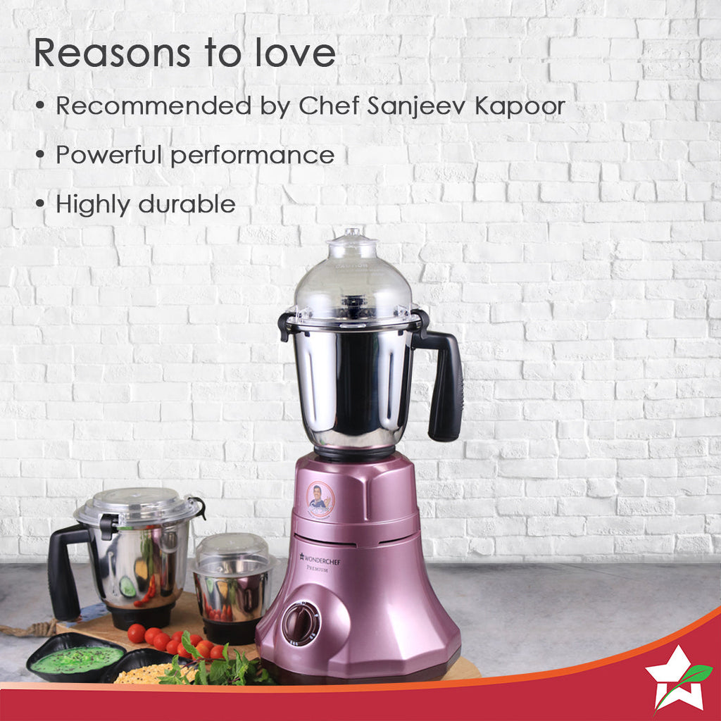 Wonderchef Renewed Premium Mixer Grinder | 750W | 3 Thick Steel Jars | Die-cast Jar Base | Velvet