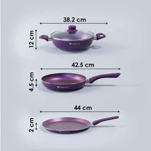 Load image into Gallery viewer, Orchid Non-Stick Cookware 4 Piece Set | Kadhai with Glass Lid 2.7L, Dosa Tawa 28cm, Fry Pan 24cm | Induction Bottom | Soft Touch Handles | Pure Grade Aluminium | PFOA Free | 2 Year Warranty | Purple