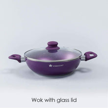 Load image into Gallery viewer, Orchid Non-Stick Cookware 4 Piece Set | Kadhai with Glass Lid 2.7L, Dosa Tawa 28cm, Fry Pan 24cm | Induction Bottom | Soft Touch Handles | Pure Grade Aluminium | PFOA Free | 2 Year Warranty | Purple