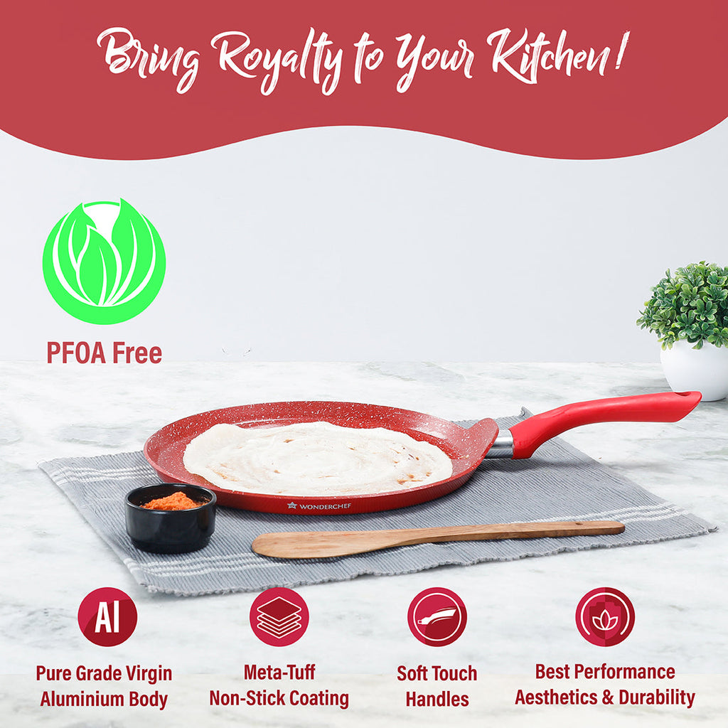 Royal Velvet 30 cm Non-Stick Dosa Tawa | Induction Bottom | Soft-Touch Handle | Virgin Grade Aluminium | PFOA/Heavy Metals Free | 3 mm | 2 Years Warranty | Red