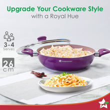 Load image into Gallery viewer, Royal Velvet Non-stick 26cm Kadhai with Lid and Handles | Glass Lid | Induction Ready | Soft-touch handles |Non – Toxic I Virgin Aluminium| 3 mm thick | 2 year warranty | Purple