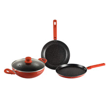 Load image into Gallery viewer, Power Non-Stick Cookware 4 pc Set | Kadhai with Glass Lid 2.6L, Dosa Tawa 25cm, Fry Pan 24cm | Induction Bottom | Soft Touch Handles | Pure Grade Aluminium | PFOA Free | 2 Year Warranty | Orange