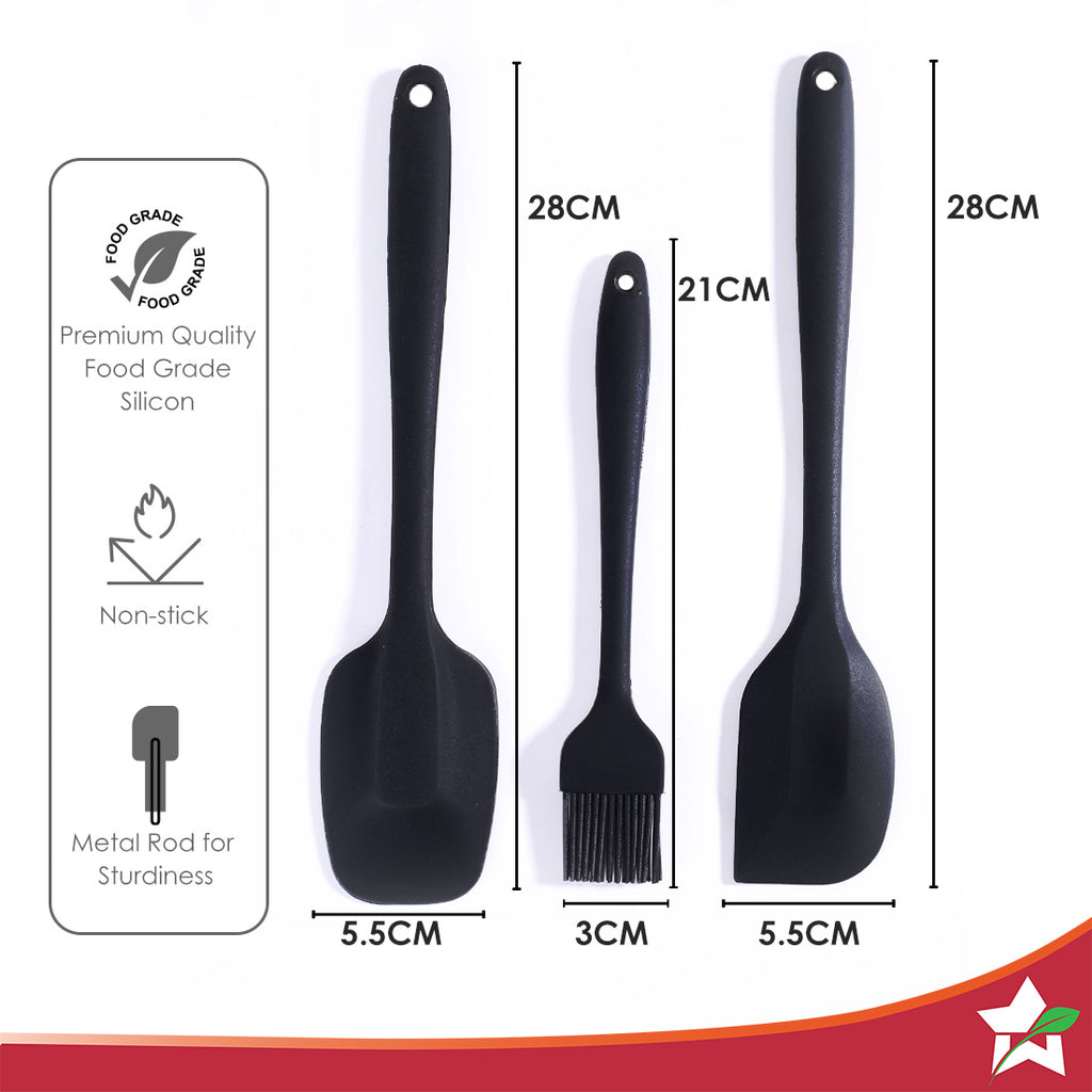 Ambrosia Silicone Kitchen Tools Set of 3 Pcs. | Spatula, Spoon, Brush | Food-Grade Silicone | Use for Flipping, Turning, Scrapping, Mixing, Stirring | Odour and Stain Free