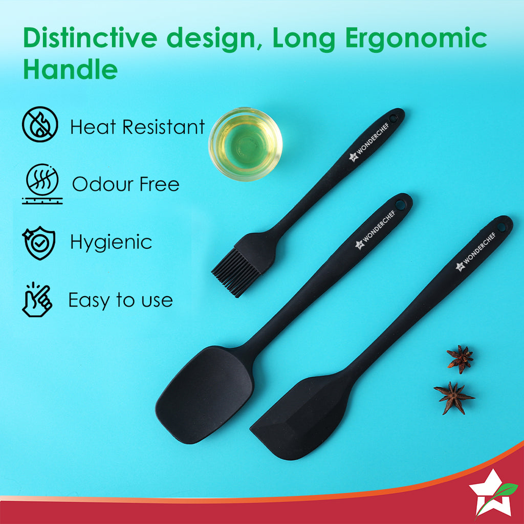 Ambrosia Silicone Kitchen Tools Set of 3 Pcs. | Spatula, Spoon, Brush | Food-Grade Silicone | Use for Flipping, Turning, Scrapping, Mixing, Stirring | Odour and Stain Free