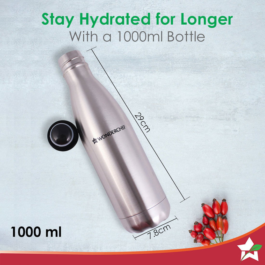 Aqua-Bot, 1000ml, Double Wall Stainless Steel Vacuum Insulated Hot and Cold Flask, Spill & Leak Proof, Silver, 2 Years Warranty