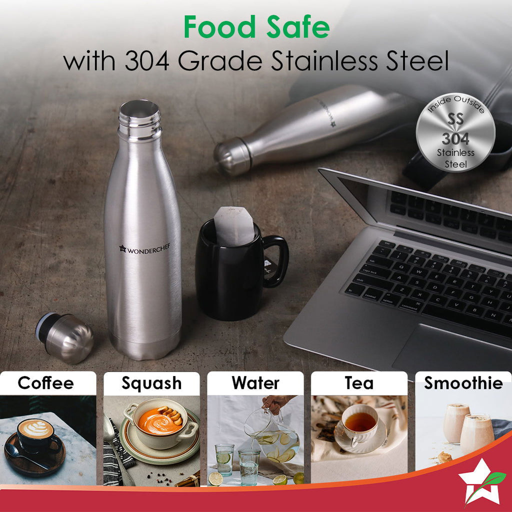 Aqua-Bot, 500ml, Double Wall Stainless Steel Vacuum Insulated Hot and Cold Flask, Spill & Leak Proof, Silver, 2 Years Warranty