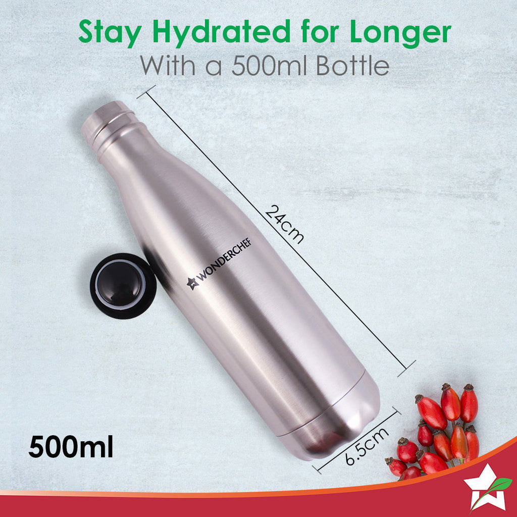 Aqua-Bot, 500ml, Double Wall Stainless Steel Vacuum Insulated Hot and Cold Flask, Spill & Leak Proof, Silver, 2 Years Warranty