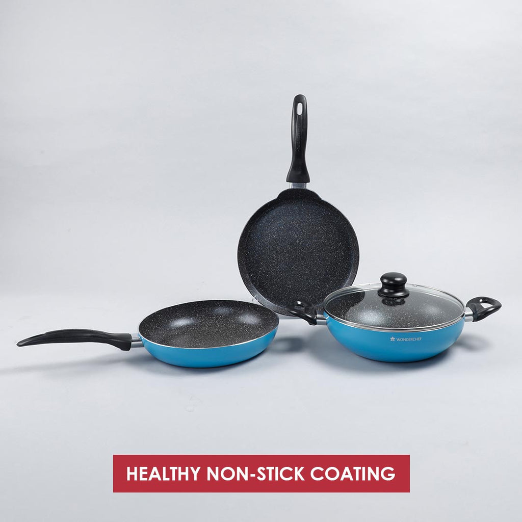 Athena Aluminium Non-Stick Cookware Set of 4 | Kadhai with Glass Lid 24cm, Fry Pan 24cm & Dosa Tawa 25cm | Induction Friendly Cookware | Cool Touch Bakelite Handle | Pure Grade Aluminium | PFOA Free | 2 Year Warranty | Blue