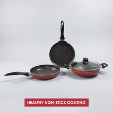 Load image into Gallery viewer, Wonderchef Renewed Athena Aluminium Non-Stick Cookware Set | Kadhai 24cm, Fry Pan 24cm &amp; Dosa Tawa 25cm | No Lid | Induction Friendly | Cool Touch Bakelite Handles | Pure Grade Aluminium | PFOA Free | 1 Year Warranty