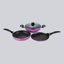 Load image into Gallery viewer, Athena Aluminium Non-Stick Cookware Set of 4 | Kadhai with Glass Lid 24cm, Fry Pan 24cm &amp; Dosa Tawa 25cm | Induction Friendly Cookware | Cool Touch Bakelite Handle | Pure Grade Aluminium | PFOA Free | 2 Year Warranty | Pink