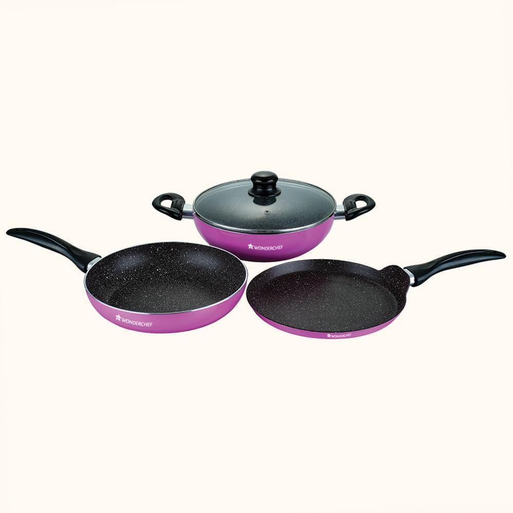 Athena Aluminium Non-Stick Cookware Set of 4 | Kadhai with Glass Lid 24cm, Fry Pan 24cm & Dosa Tawa 25cm | Induction Friendly Cookware | Cool Touch Bakelite Handle | Pure Grade Aluminium | PFOA Free | 2 Year Warranty | Pink