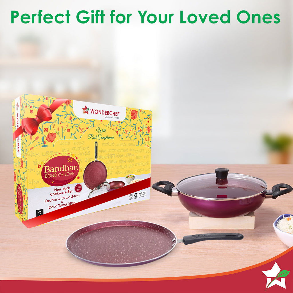 Bandhan Non-stick Cookware 3 Pcs.Set | Dosa Tawa,Kadhai and Lid | 100% PFOA free Coating | Pure Grade Virgin Aluminium | Compatible with Multiple Cooktops | Red and Purple | 2 Year Warranty