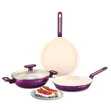 Load image into Gallery viewer, Bellagio Cookware 4 Pc. Set | Kadhai &amp; Lid, Fry Pan, Dosa Tawa | Healthy Ceramic Coating | Non-Toxic | PFAS and PFOA Free | 3mm Thickness | Soft-Touch Handles and Knob | Deep Purple | 2 Year Warranty