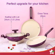 Load image into Gallery viewer, Bellagio Cookware 4 Pc. Set | Kadhai &amp; Lid, Fry Pan, Dosa Tawa | Healthy Ceramic Coating | Non-Toxic | PFAS and PFOA Free | 3mm Thickness | Soft-Touch Handles and Knob | Deep Purple | 2 Year Warranty