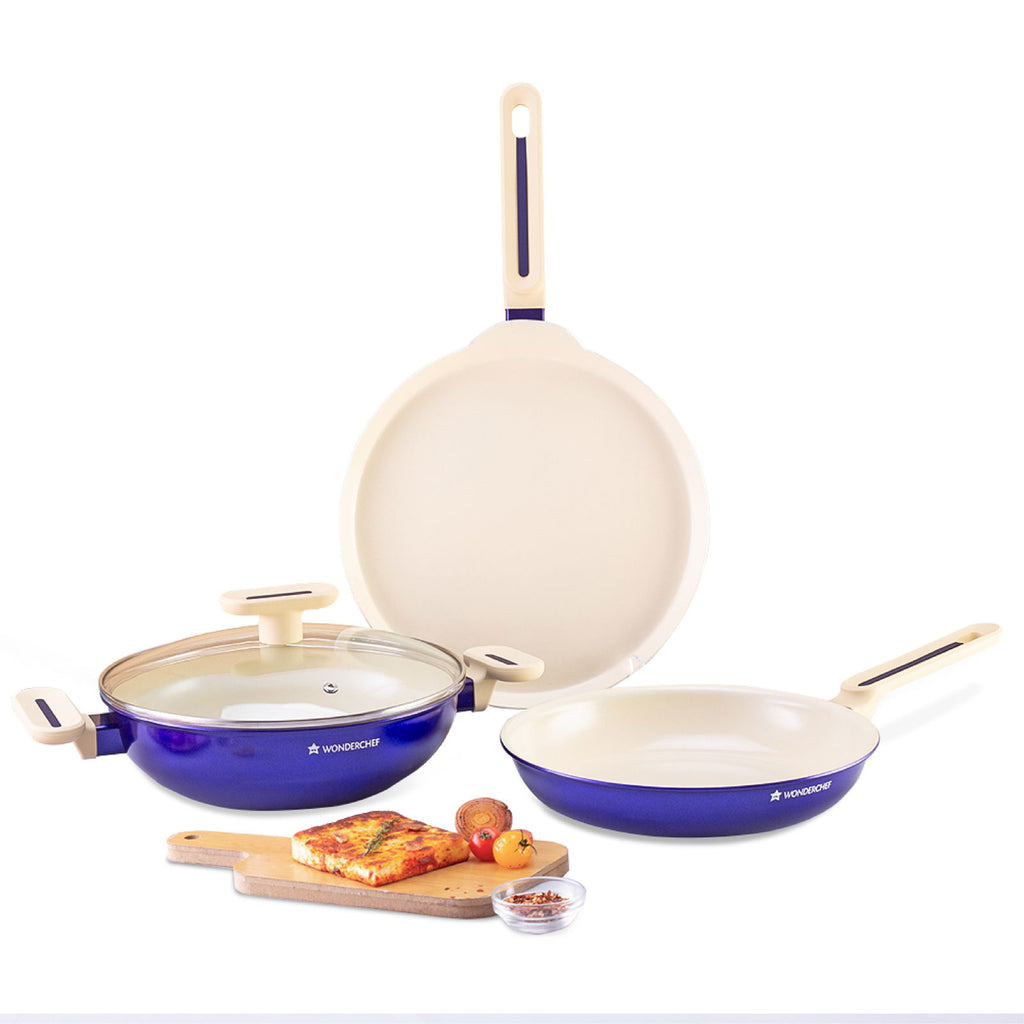 Bellagio Cookware 4 Pc. Set | Kadhai & Lid, Fry Pan, Dosa Tawa | Healthy Ceramic Coating | Non-Toxic | PFAS and PFOA Free | 3mm Thickness | Soft-Touch Handles and Knob | Electric Blue | 2 Year Warranty