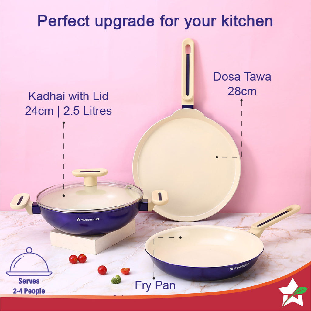 Bellagio Cookware 4 Pc. Set | Kadhai & Lid, Fry Pan, Dosa Tawa | Healthy Ceramic Coating | Non-Toxic | PFAS and PFOA Free | 3mm Thickness | Soft-Touch Handles and Knob | Electric Blue | 2 Year Warranty