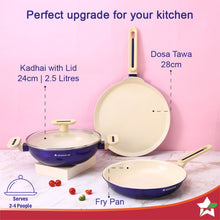 Load image into Gallery viewer, Bellagio Cookware 4 Pc. Set | Kadhai &amp; Lid, Fry Pan, Dosa Tawa | Healthy Ceramic Coating | Non-Toxic | PFAS and PFOA Free | 3mm Thickness | Soft-Touch Handles and Knob | Electric Blue | 2 Year Warranty