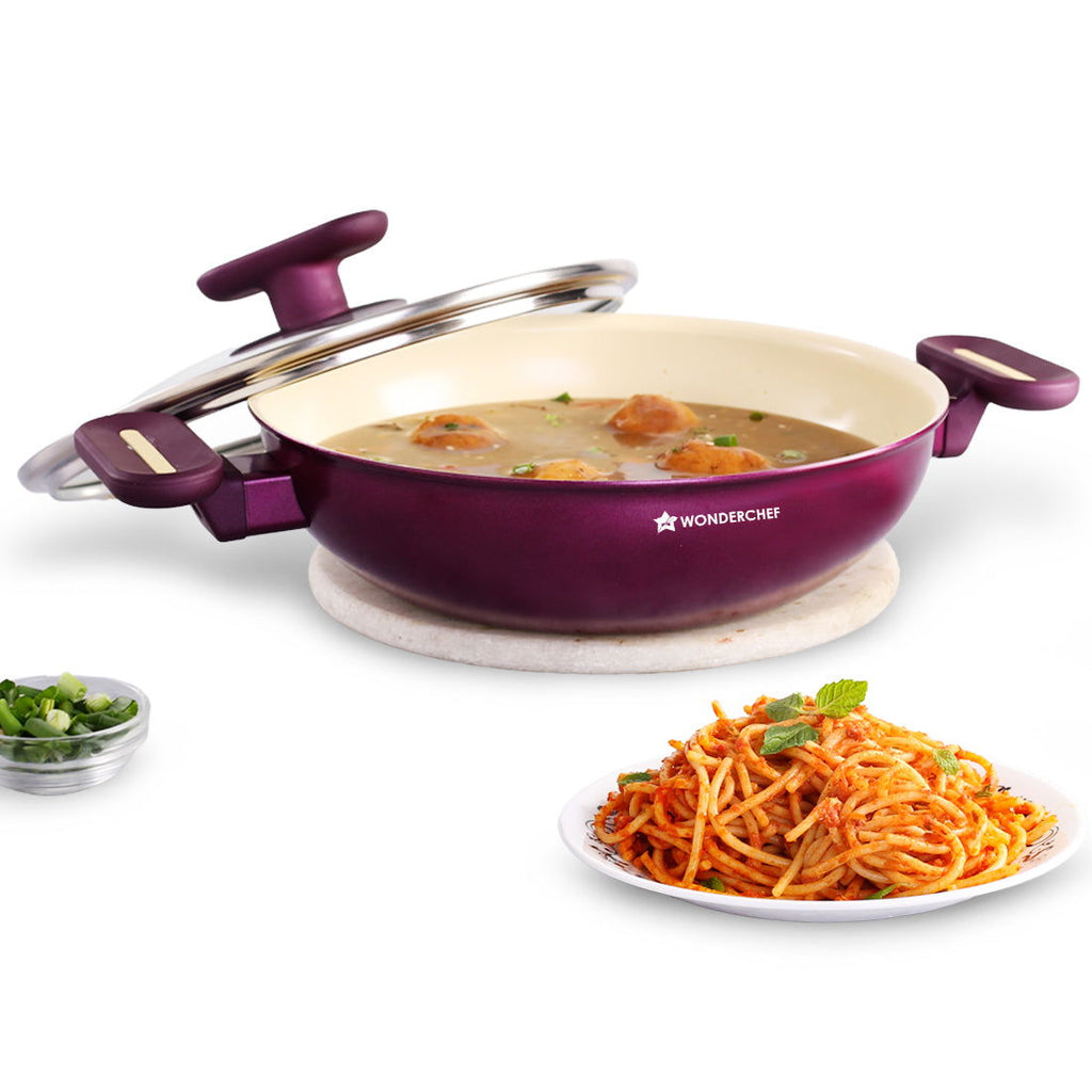 Bellagio Kadhai with Lid | Non-Stick Ceramic Coating | Non-Toxic | Pure Aluminium | PFAS and PFOA Free | 3mm Thickness | Two-Tone Soft-Touch Handles and Knob | Firm Grip | 2 Years Warranty