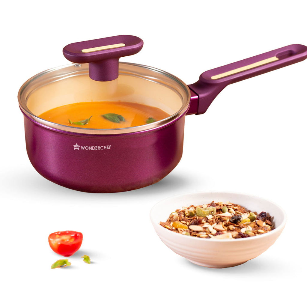 Bellagio Saucepan | Healthy Ceramic Coating | Non-Toxic | PFAS and PFOA Free | 3mm Thickness | Soft-Touch Handles and Knob | Deep Purple | 2 Year Warranty