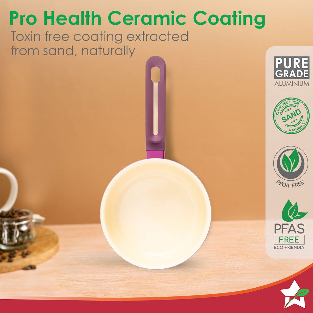 Bellagio Sauce Pan | 16 cm | 1.4 L | Non-Stick Ceramic Coating | Non-Toxic | Pure Aluminium | PFAS and PFOA Free | 3mm Thickness | Two-Tone Soft-Touch Handle and Knob | Firm Grip | 2 Years Warranty