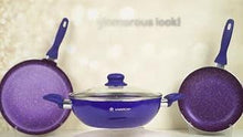 Load image into Gallery viewer, Blueberry Aluminium Non-Stick Cookware Set of 4 | Kadhai with Glass Lid 24cm, Fry Pan 24cm &amp; Dosa Tawa 25cm | Induction Friendly Cookware | Soft Touch Handle | Pure Grade Aluminium | PFOA Free | 2 Year Warranty | Blue