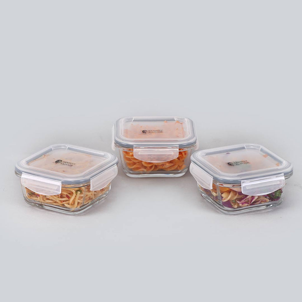 Boston Square Glass Lunch Boxes With Insulated Bag 320ml - Set Of 3 Pcs