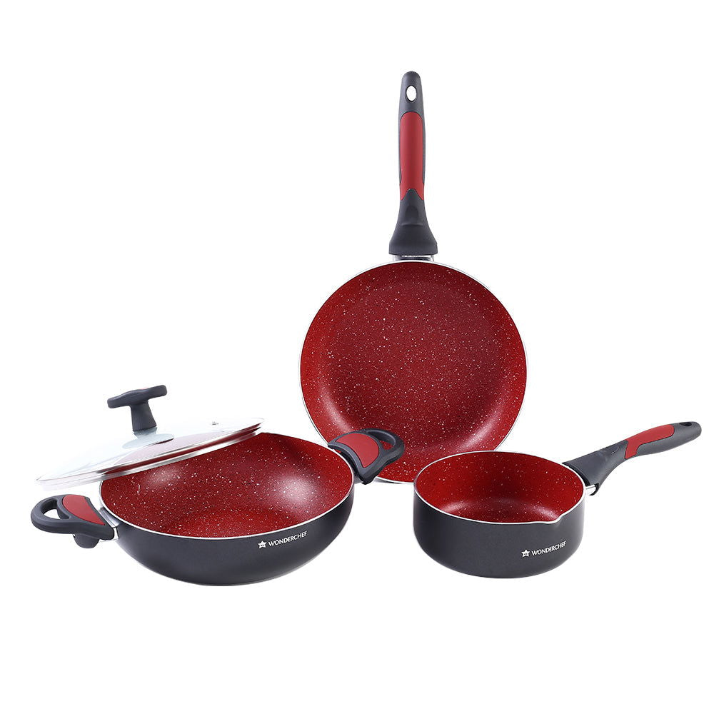 Burlington Aluminum Non-Stick Cookware 4 pc Set | Kadhai with Glass Lid 1.15L, Sauce Pan 2.6L, Fry Pan 1.7L | Induction Bottom | Soft Touch Handles | Pure Grade Aluminium | PFOA Free | 2 Year Warranty | Red/Black