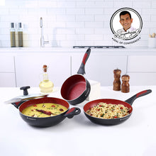 Load image into Gallery viewer, Burlington Aluminum Non-Stick Cookware 4 pc Set | Kadhai with Glass Lid 1.15L, Sauce Pan 2.6L, Fry Pan 1.7L | Induction Bottom | Soft Touch Handles | Pure Grade Aluminium | PFOA Free | 2 Year Warranty | Red/Black