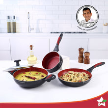 Load image into Gallery viewer, Burlington Aluminum Non-Stick Cookware 4 pc Set | Kadhai with Glass Lid 1.15L, Sauce Pan 2.6L, Fry Pan 1.7L | Induction Bottom | Soft Touch Handles | Pure Grade Aluminium | PFOA Free | 2 Year Warranty | Red/Black