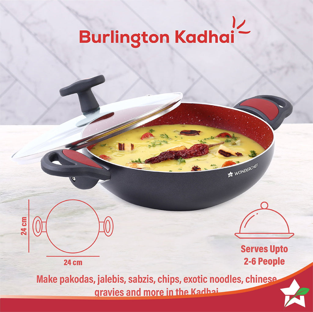 Burlington Aluminum Non-Stick Cookware 4 pc Set | Kadhai with Glass Lid 1.15L, Sauce Pan 2.6L, Fry Pan 1.7L | Induction Bottom | Soft Touch Handles | Pure Grade Aluminium | PFOA Free | 2 Year Warranty | Red/Black