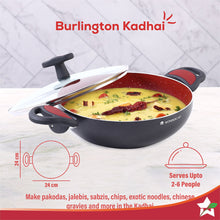 Load image into Gallery viewer, Burlington Aluminum Non-Stick Cookware 4 pc Set | Kadhai with Glass Lid 1.15L, Sauce Pan 2.6L, Fry Pan 1.7L | Induction Bottom | Soft Touch Handles | Pure Grade Aluminium | PFOA Free | 2 Year Warranty | Red/Black