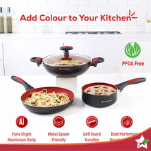 Load image into Gallery viewer, Burlington Aluminum Non-Stick Cookware 4 pc Set | Kadhai with Glass Lid 1.15L, Sauce Pan 2.6L, Fry Pan 1.7L | Induction Bottom | Soft Touch Handles | Pure Grade Aluminium | PFOA Free | 2 Year Warranty | Red/Black