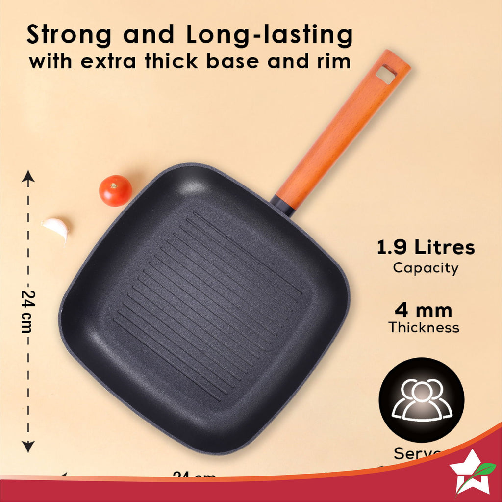 Caesar 24 cm Non-stick Grill Pan with Wooden Handle | Grill Pan Non-Stick | 1.4L | 5mm | Black