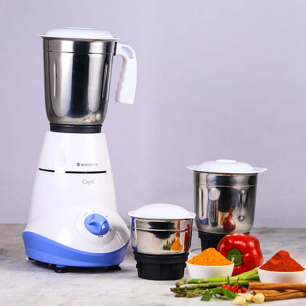 Capri Mixer Grinder 550W With 3 Stainless Steel Jars (White & Blue)