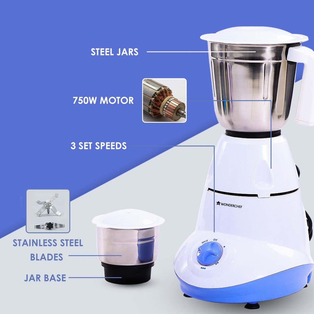 Capri Mixer Grinder 750 Watts 3 Stainless Steel Jars, 5 years Warranty on Motor