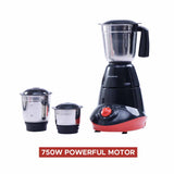 Capri Mixer Grinder 750W, 3 Stainless Steel Jars, Black & Red, 5 Years Warranty