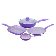 Load image into Gallery viewer, Celebration  Aluminum Non-Stick Cookware 5 pc Set | Kadhai with Glass Lid 24cm, Grill Pan 24cm, Dosa Tawa 28cm, Mini Fry Pan 12cm  | Induction Bottom | Soft Touch Handles | Pure Grade Aluminium | PFOA Free | 2 Year Warranty | Purple