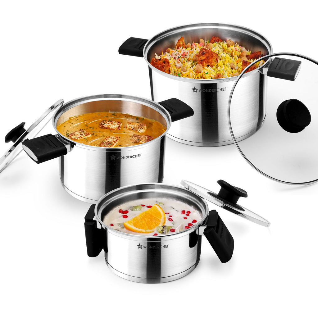 Click and Cook Stainless Steel Casserole 3 Pc Set | 6.5 L, 3.2 L, 1 L | Unique Foldable Cool-touch Handles | Tri-ply Bottom | Glass Lid with Steam Vent | Induction and Gas Cooktop Friendly