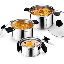 Load image into Gallery viewer, Click and Cook Stainless Steel Casserole 3 Pc Set | 6.5 L, 3.2 L, 1 L | Unique Foldable Cool-touch Handles | Tri-ply Bottom | Glass Lid with Steam Vent | Induction and Gas Cooktop Friendly