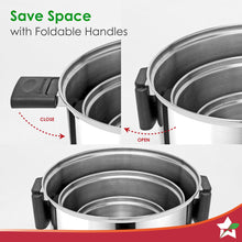 Load image into Gallery viewer, Click and Cook Stainless Steel Casserole 3 Pc Set | 6.5 L, 3.2 L, 1 L | Unique Foldable Cool-touch Handles | Tri-ply Bottom | Glass Lid with Steam Vent | Induction and Gas Cooktop Friendly