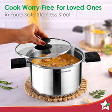 Load image into Gallery viewer, Click and Cook Stainless Steel Casserole 3 Pc Set | 6.5 L, 3.2 L, 1 L | Unique Foldable Cool-touch Handles | Tri-ply Bottom | Glass Lid with Steam Vent | Induction and Gas Cooktop Friendly