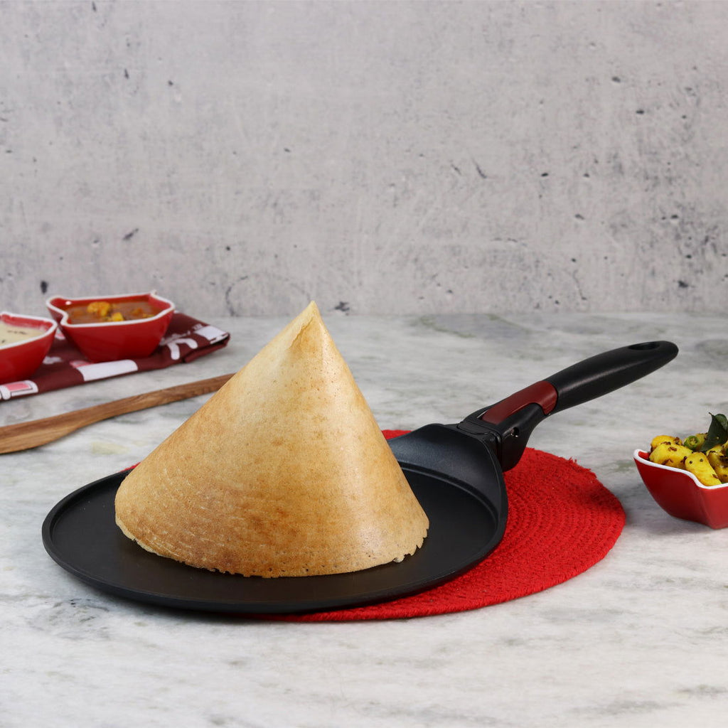 Click Space Saver 30 cm Non-stick Dosa Tawa, Induction Bottom, Foldable Handle, Aluminium, 4mm, 2 Years Warranty, Black