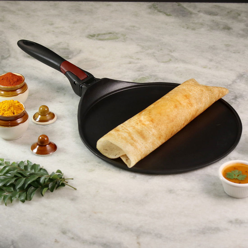 Click Space Saver 30 cm Non-stick Dosa Tawa, Induction Bottom, Foldable Handle, Aluminium, 4mm, 2 Years Warranty, Black