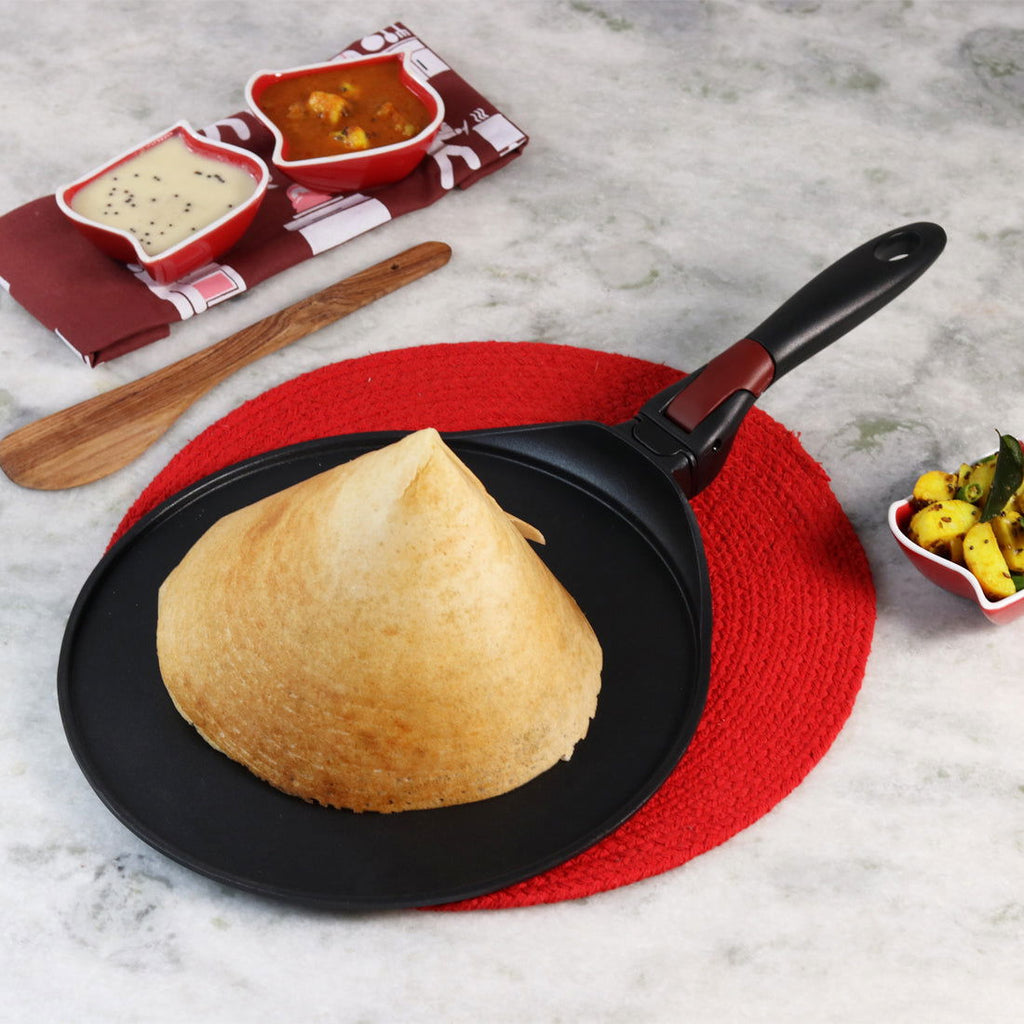 Click Space Saver 30 cm Non-stick Dosa Tawa, Induction Bottom, Foldable Handle, Aluminium, 4mm, 2 Years Warranty, Black