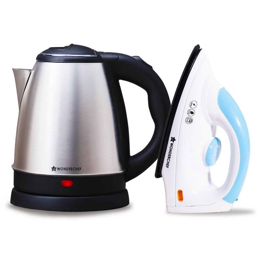 Crescent Kettle + Dry Iron Festive Gift Combo | 1.5L Kettle | Boil Water in 5-7 Mins | BPA-free Stainless Steel | 1000W Swift Dry Iron for Cotton, Linen, Nylon, Silk | Button Groove