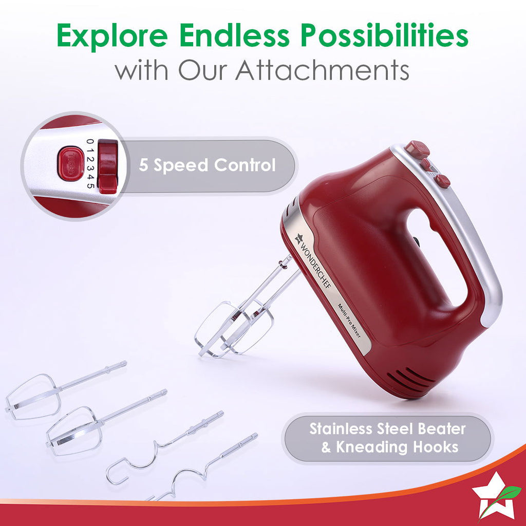 Crimson Edge 5 Speed Electric Hand Mixer | 300W Powerful Copper Motor | TurboSpeed I Adjustable Slow Speed Start I Hand Blender | Stainless Steel Whisk Beaters and Dough Hooks | 2 Years Warranty | Bakeware I Red